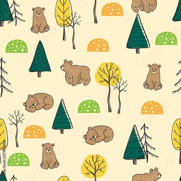 Fototapeta Vector seamless pattern with hand draw cartoons bears with tree, berry, flowers and absract shape and dots in skandinavian style. Childish background with cute bears in forest.