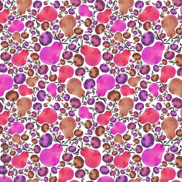 Fototapeta Watercolor illustration is isolated on white background. Seamless autumn pattern with apple, pear and leaves