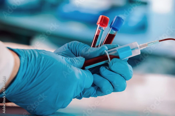 Fototapeta lab technician drawing blood samples using a tube holder in the clinical laboratory