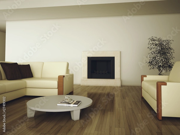 Fototapeta modern interior  with fireplace and sofas 3d rendering