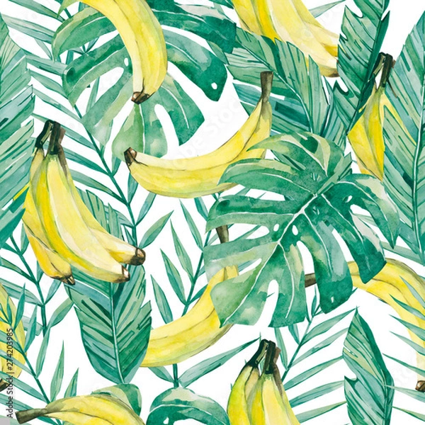 Obraz watercolor tropical leaves and banana. Seamless pattern summer botanical fruit banana for the textile fabric and wallpaper