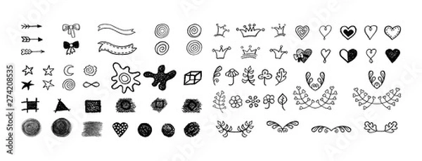 Obraz Vector set of hand drawn hearts, crowns, flora, geometric, abstract objects.