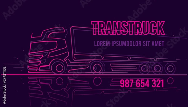 Fototapeta Logistic/truck driver/delivery service business card template in neon style. Vector, text outlined and only for preview. 