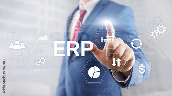 Obraz ERP system, Enterprise resource planning on blurred background. Business automation and innovation concept.
