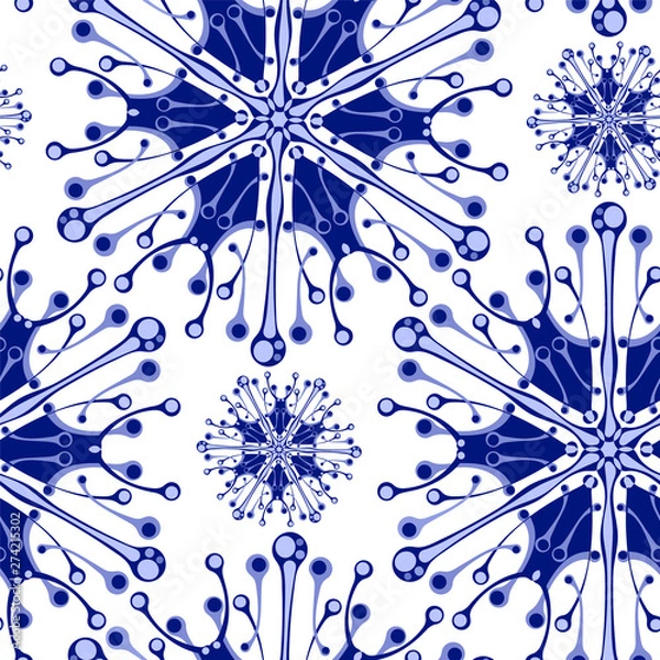 Fototapeta Seamless vector pattern on the theme of winter, cold with blue snowflakes. For fabric design, packaging. Background for greeting Christmas cards, New Year invitations.