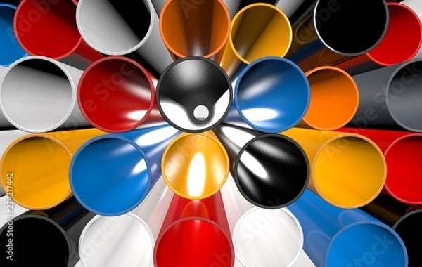 Fototapeta Colored tubes lie randomly. View from the end of the light