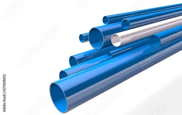 Fototapeta BLUE plastic tubes in an assortment, tubes lying randomly on a white background