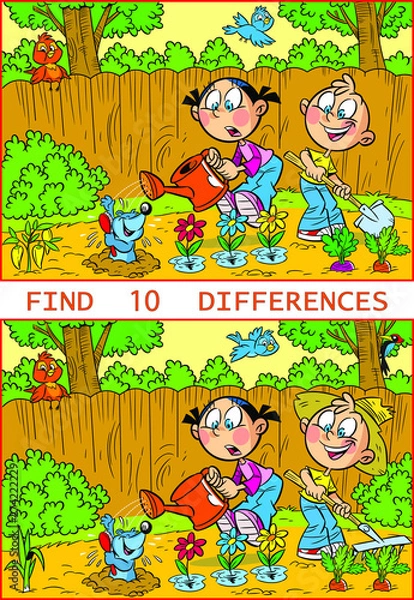 Fototapeta Vector illustration with a puzzle where you need to find ten differences in the pictures with working children in the garden.