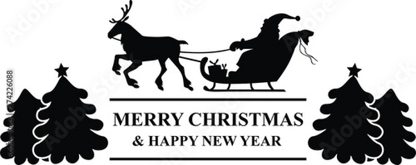 Fototapeta Vector illustrations of silhouette of Santa Claus sitting in a sleigh, reindeer who pull greeting icon
