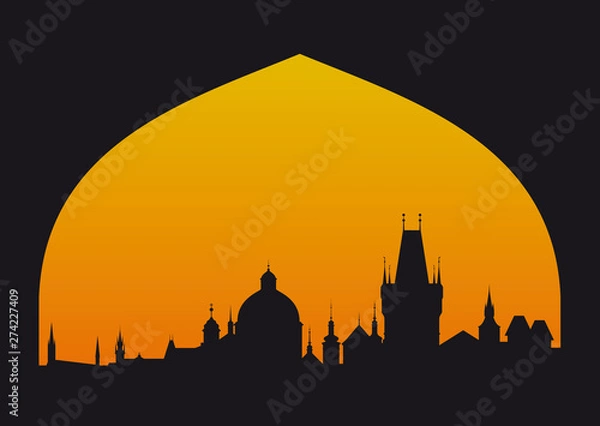 Fototapeta Vector silhouette of Prague with sunset