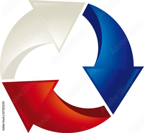 Fototapeta Loop 3D symbol. Three concentric arrows in blue, white and red.