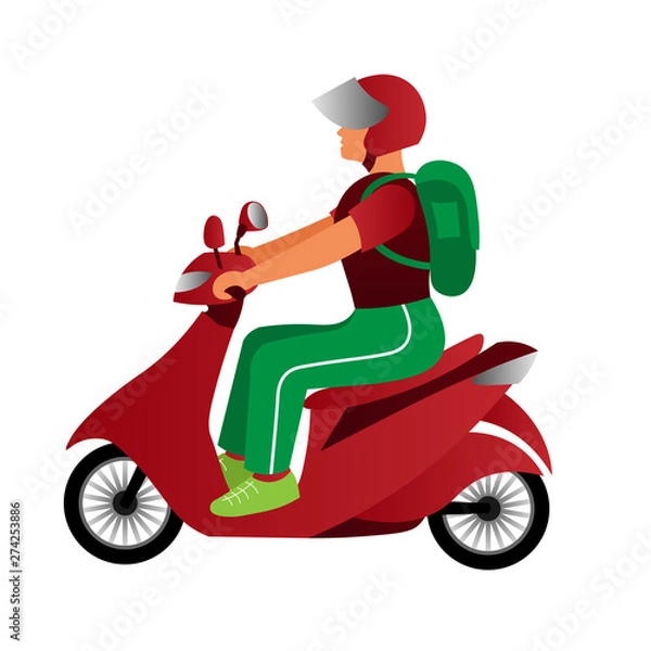 Obraz A man in sportswear and a motorcycle helmet with a green backpack rides a red scooter. Colored cartoon flat vector illustration on white background.