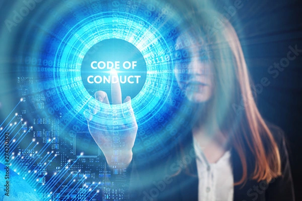Fototapeta The concept of business, technology, the Internet and the network. A young entrepreneur working on a virtual screen of the future and sees the inscription: Code of conduct