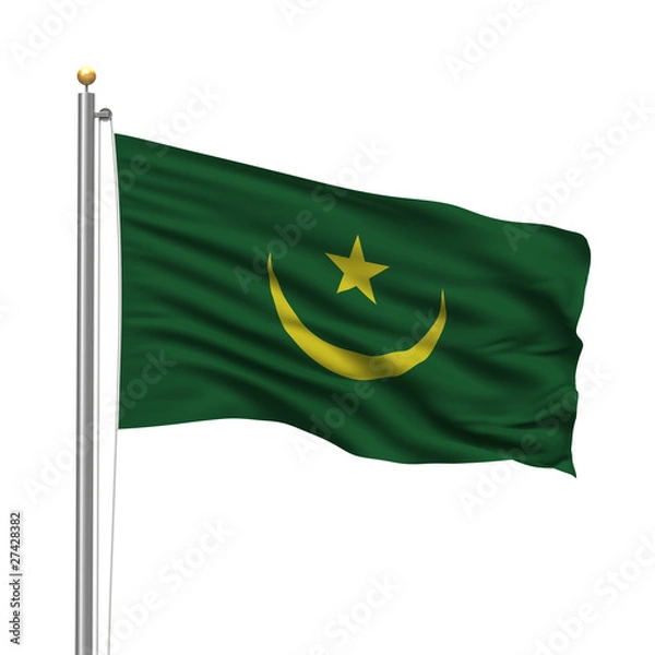 Fototapeta Flag of Mauritania waving in the wind in front of white