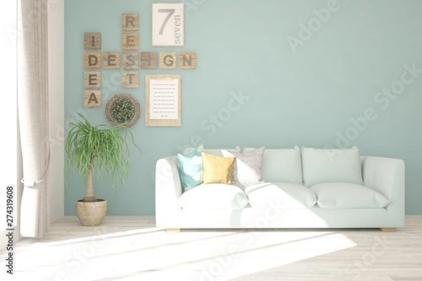 Fototapeta Stylish room in white color with sofa. Scandinavian interior design. 3D illustration