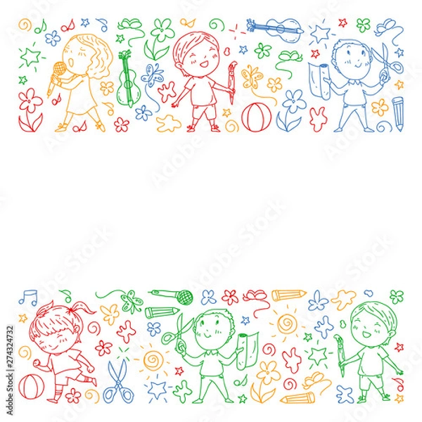 Fototapeta creative kids dancing, sing, playing football, playing guitar, violin, making models from paper. Colorful drawing on white blackboard.