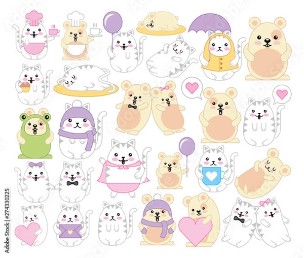 Fototapeta bundle of cats and mouses kawaii characters