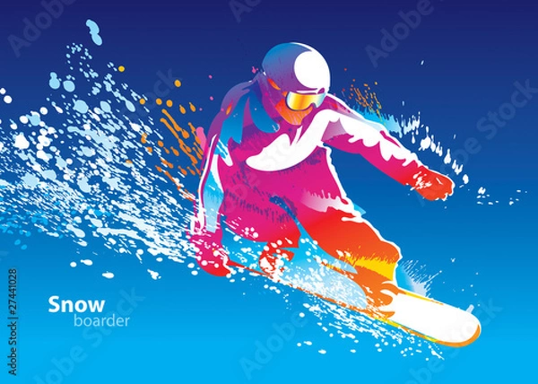 Obraz Kolorowe postać młodego człowieka na snowboardzie na ba błękitnego nieba