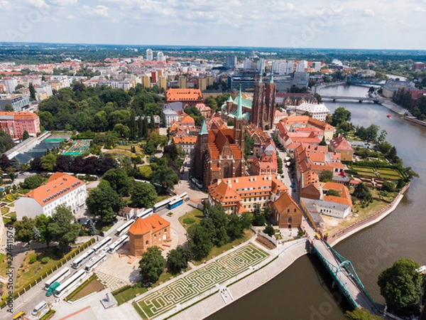 Fototapeta The aerial view of Wroclaw: Ostrow Tumski, Cathedral of St. John the Baptist and Collegiate Church of the Holy Cross and St. Bartholomew