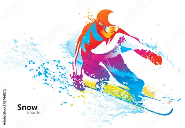 Obraz Kolorowa postać młodego człowieka na snowboardzie z kroplami is
