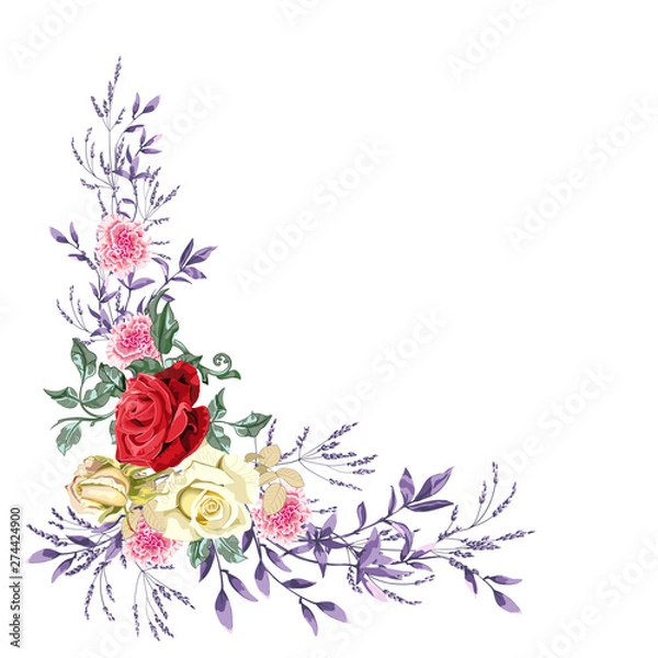 Obraz Floral garland for wedding, bouquet of beautiful roses flower and foliage on white background, corner composition.