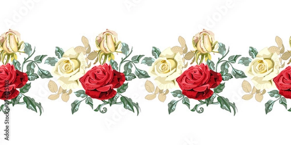 Fototapeta Horizontal seamless border of bouquets of red, yellow roses on white background.