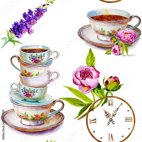 Obraz Party colorful tea cups and saucers closeup. Sketch handmade. Postcard for Valentine's Day. Watercolor illustration.
