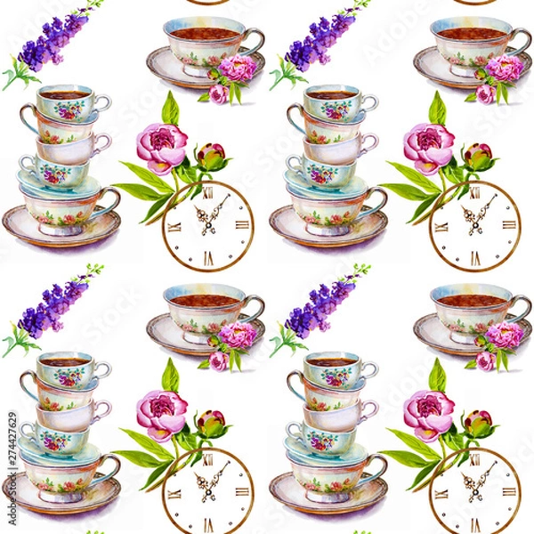 Obraz Party colorful tea cups and saucers closeup. Sketch handmade. Postcard for Valentine's Day. Watercolor illustration.