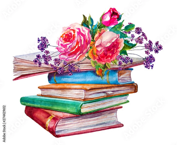 Obraz High books stack with roses isolated on white background