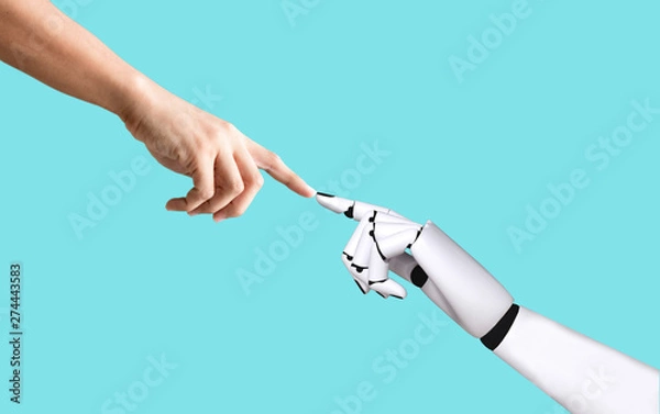 Fototapeta Human hand and robot hand system concept integration and coordination of artificial intelligence technology