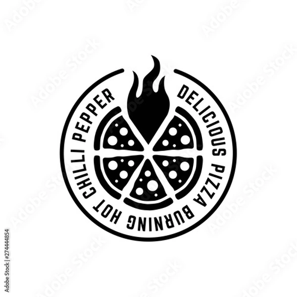 Fototapeta Monochrome circle pizza logo with flame and text around