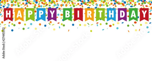 Fototapeta happy birthday party flags banner with confetti rain on white background vector illustration EPS10