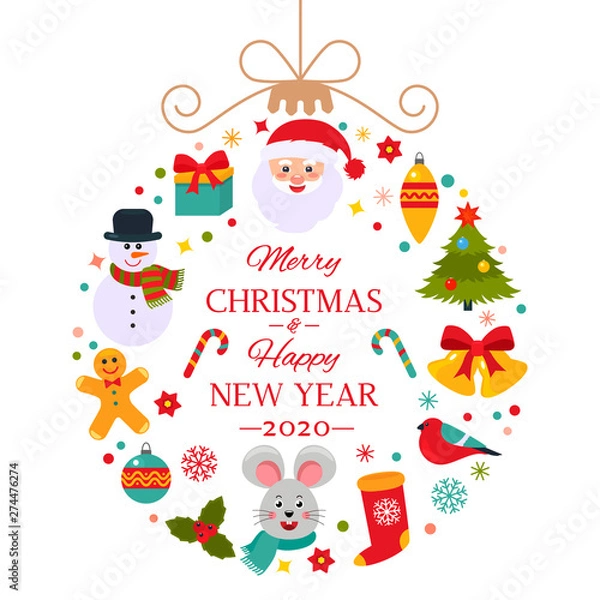 Fototapeta Bright greeting card Happy New Year 2020. flat vector illustration on white background