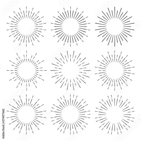 Fototapeta A large set of hand-drawn retro sunbursts. Burst of stars in vintage style. flat vector illustration