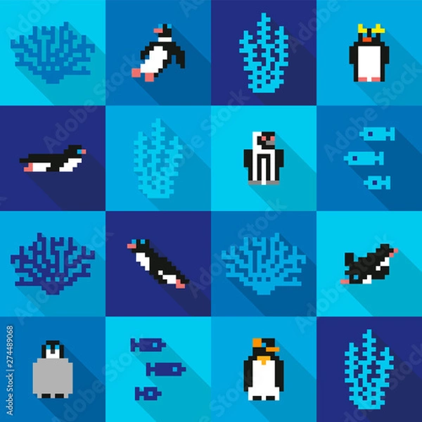 Fototapeta Seamless colorful pixel penguin icon pattern