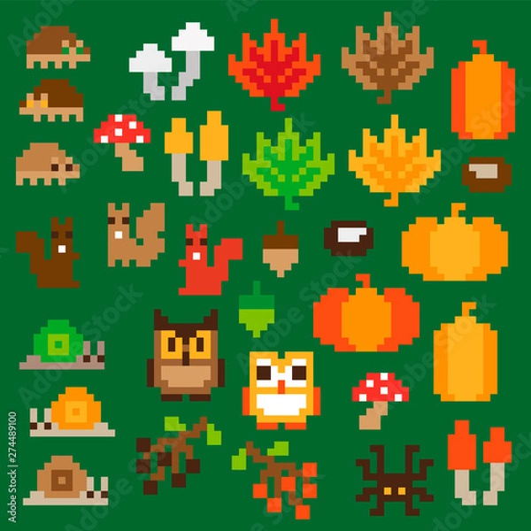 Fototapeta Colorful pixel Autumn icon Elements seamless pixel pattern