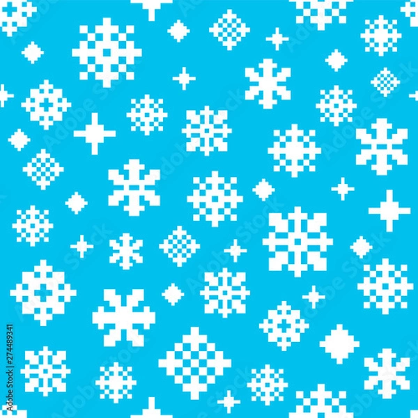 Fototapeta Pixel blue white winter snowflake seamless vector pattern
