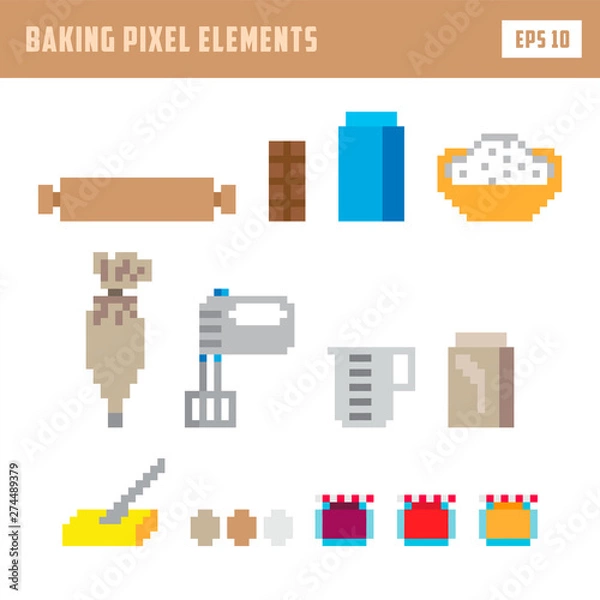 Fototapeta Pixel baking elements, isolated game vector icon set