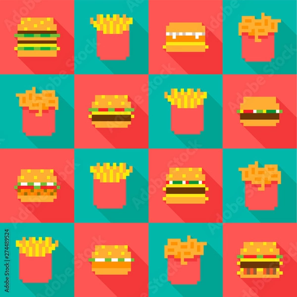 Fototapeta Pixel hamburger and fries game icon duo seamless pattern