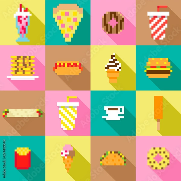 Fototapeta Pixel delicious fast food diner game icon set menu seamless pattern