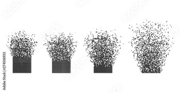 Obraz Płaska abstrakcja rozpraszania prostokąta wektora. Styl wektorowy to płaska ilustracja rozproszenia prostokąta na białym tle. Pojedyncze elementy projektu zbudowane z kropek,