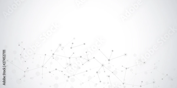 Fototapeta Abstract molecules on soft grey background. Molecular structures or DNA strand, neural network, genetic engineering. Scientific and technological concept.