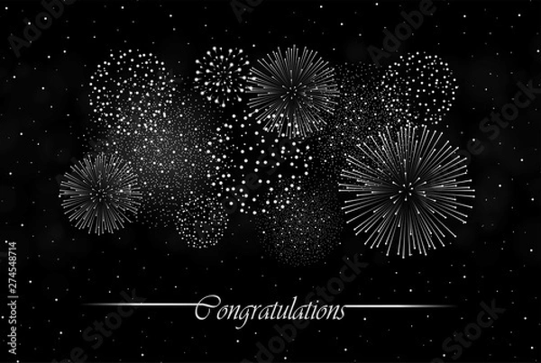 Fototapeta Big realistic firework show on night sky background. Independence day concept. Congratulations background. Luxury abstract. Explosion concept. Galaxy show. Vector illustration