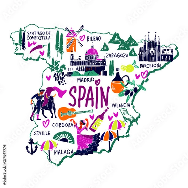 Fototapeta Vector illustration of the cartoon Spain map with the architecture symbols and lettering hand drawn on white background for tourist guide and posters.