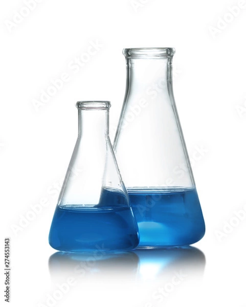 Fototapeta Conical flasks with liquid samples on white background. Chemistry glassware