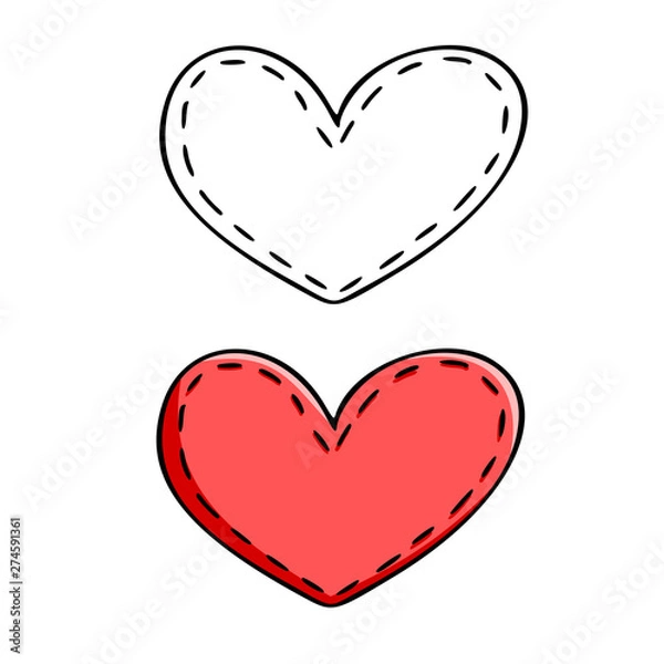 Fototapeta Cartoon red heart is made like embroidery, isolated vector outline element on the white background