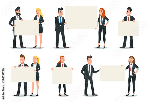 Fototapeta Business people holding banner. Businessman hold empty poster, office workers presentation signboard sign. Business manifestation, activists rights strike. Isolated icons vector illustration set