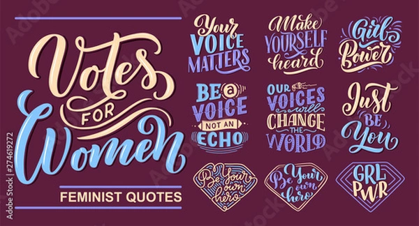 Fototapeta Set of lettering quotes about woman voice and girl power. Calligraphy inspiration graphic design typography element. Hand written postcard. Cute simple vector sign hand drawn style. Textile print