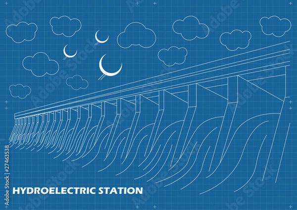 Fototapeta Hydro power station vector blueprint background