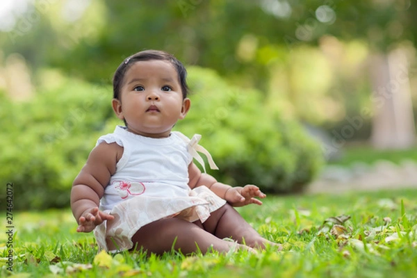 Obraz A cute baby girl with chubby arms sitting unsupported by herself, on green grass with green trees and shrubs in the background.